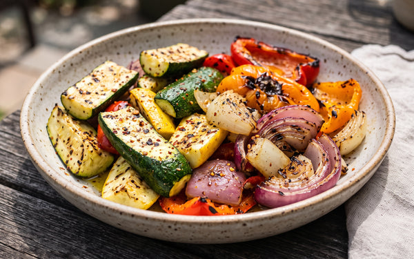 Grilled Summer Squash with Bell Peppers and Onions