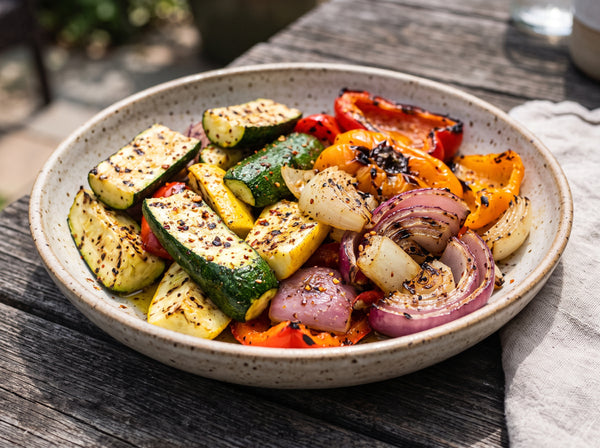 Grilled Summer Squash with Bell Peppers and Onions